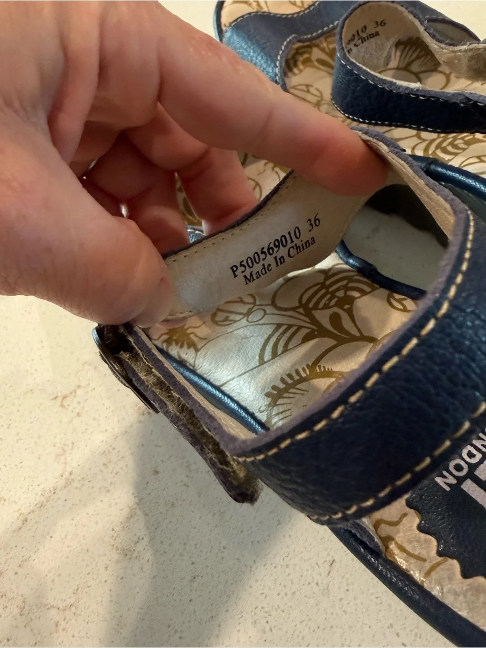 Fly London Navy Leather Wedge Sandals with Floral Insole